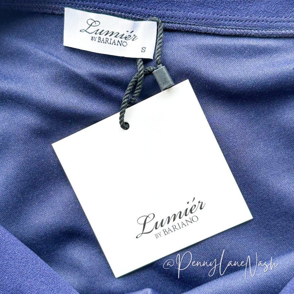NWT Lumier by Bariano Asymmetric Gold Button Cocktail Dress Navy - Picture 3 of 12